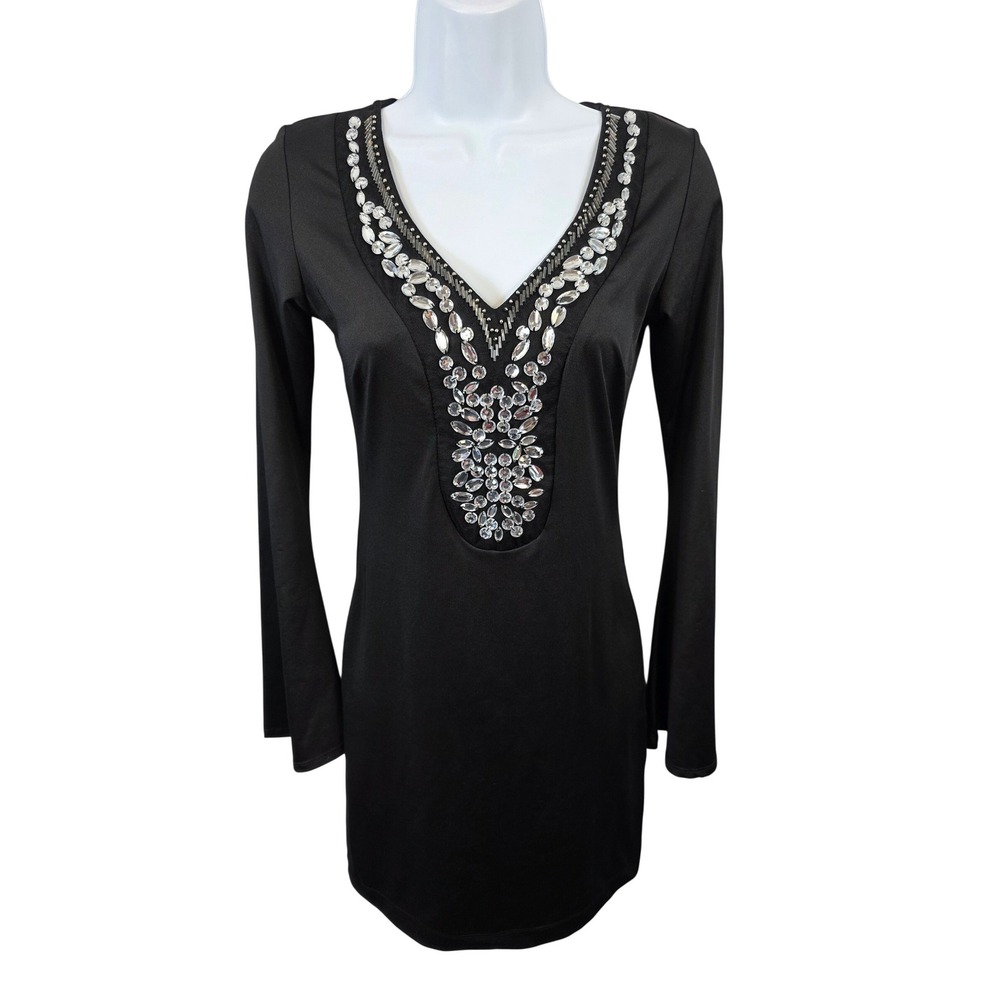 Bailey Blue Black Embellished V-Neck Bell Sleeve Mini Dress Womens Small